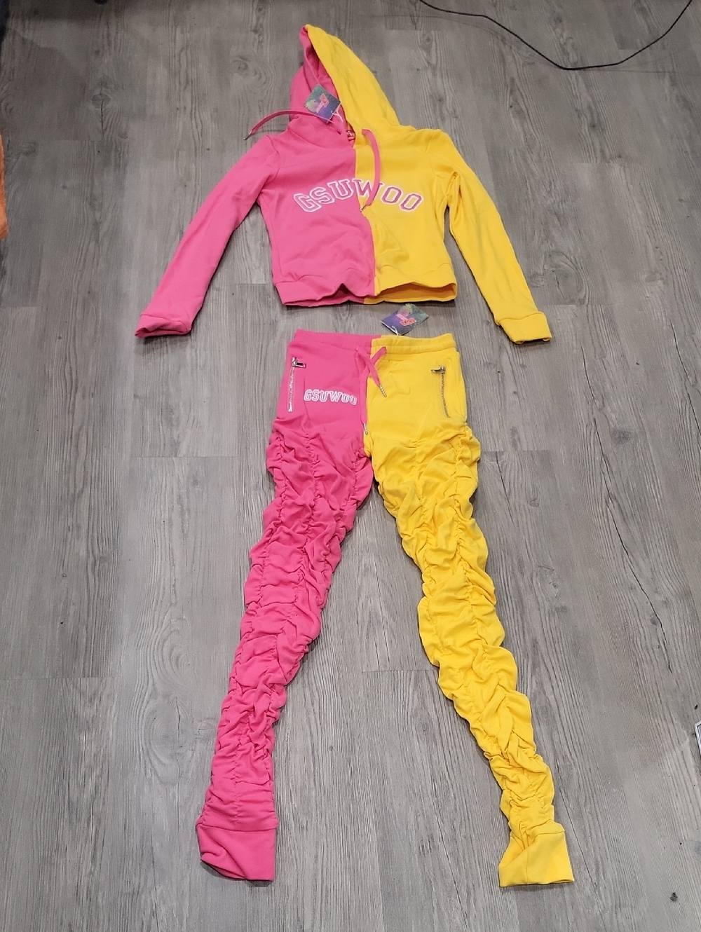 Two-Tone Pink & Yellow Dance Hoodie and Ruffle Leggings Set